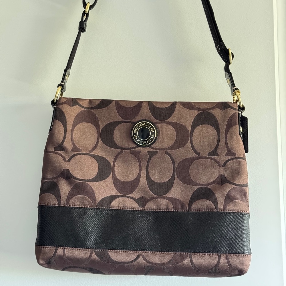 Coach‎ Signature Brown And Black Crossbody Bag With Leather Trim - Picture 2 of 13
